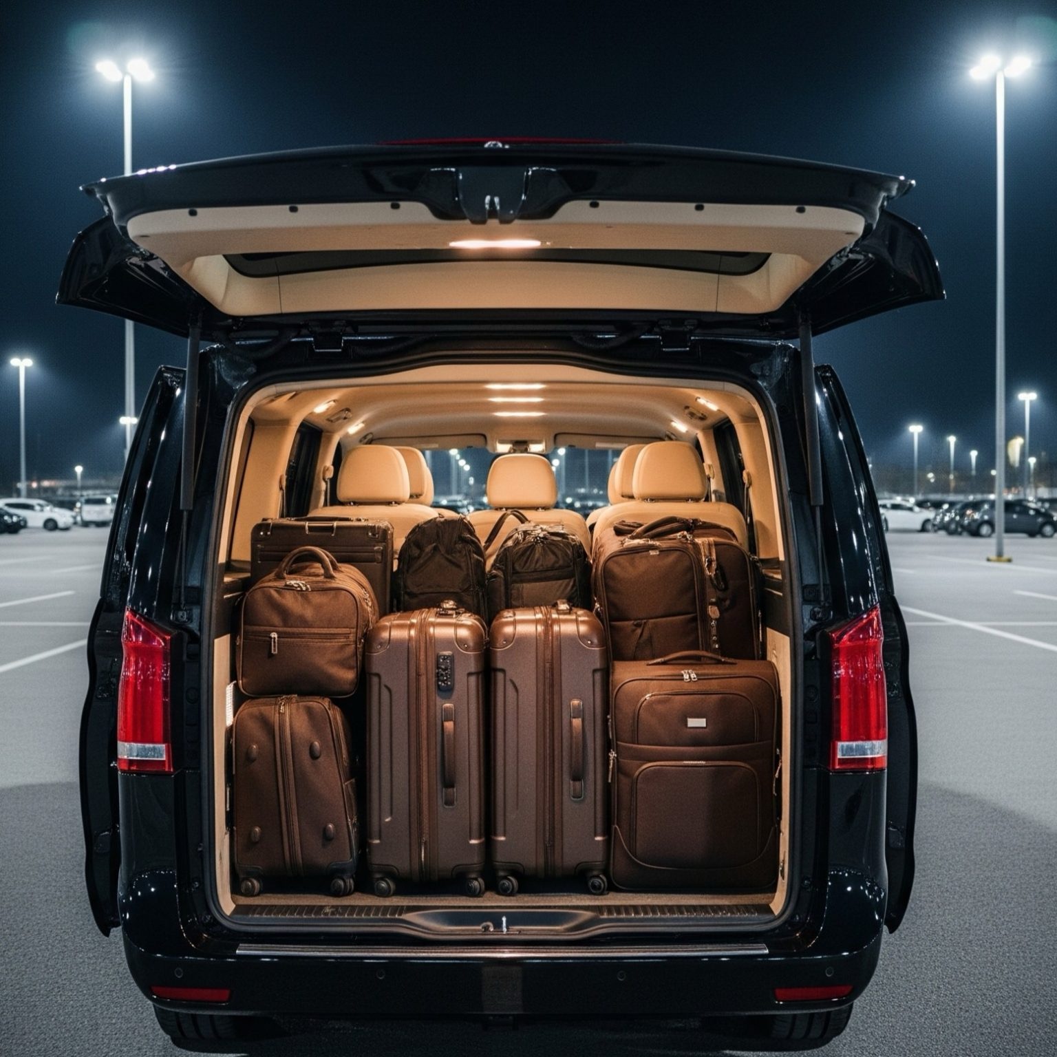 Mercedes Classe V vtc Biarritz chargée de bagages pour transfert aéroport